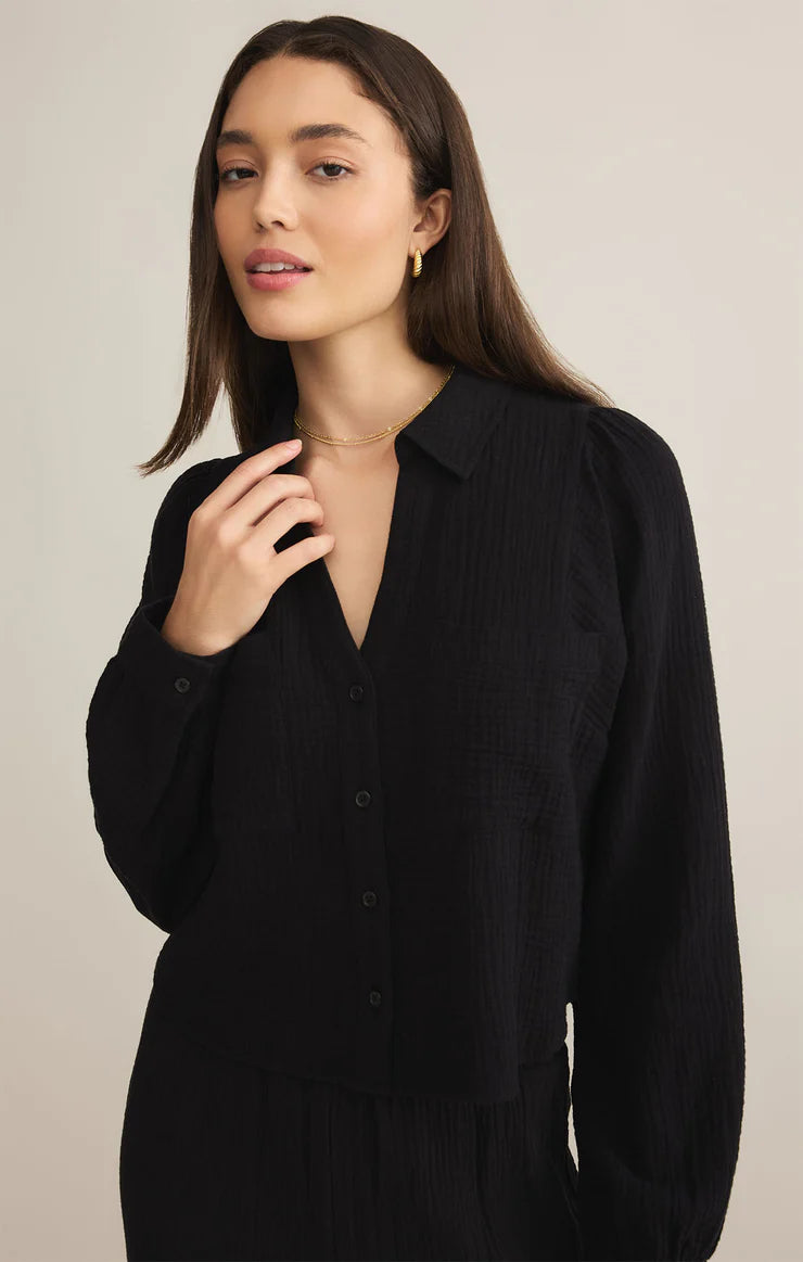 CAMPO BUTTON UP GAUZE TOP - BLACK - ZT251223